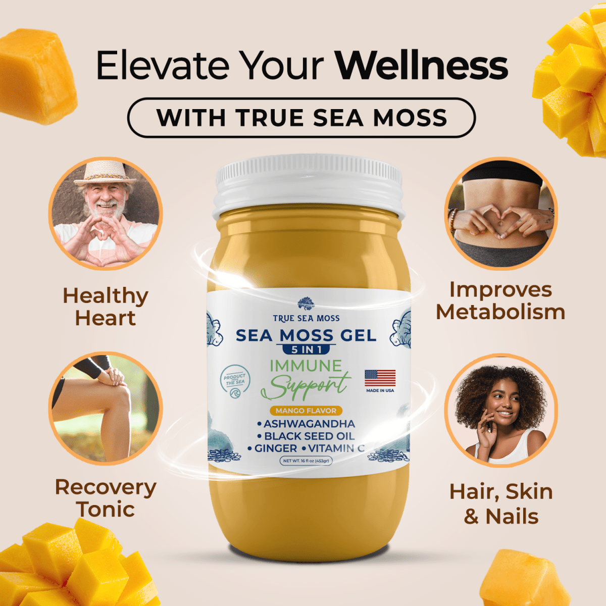 5 in 1 Immune Support Sea Moss Gel Mango 16 oz (Glass Jar) - Spring Street Vitamins