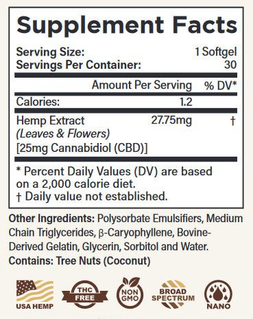 CBD Softgels 25mg, 30 count (0.0% THC) - Spring Street Vitamins