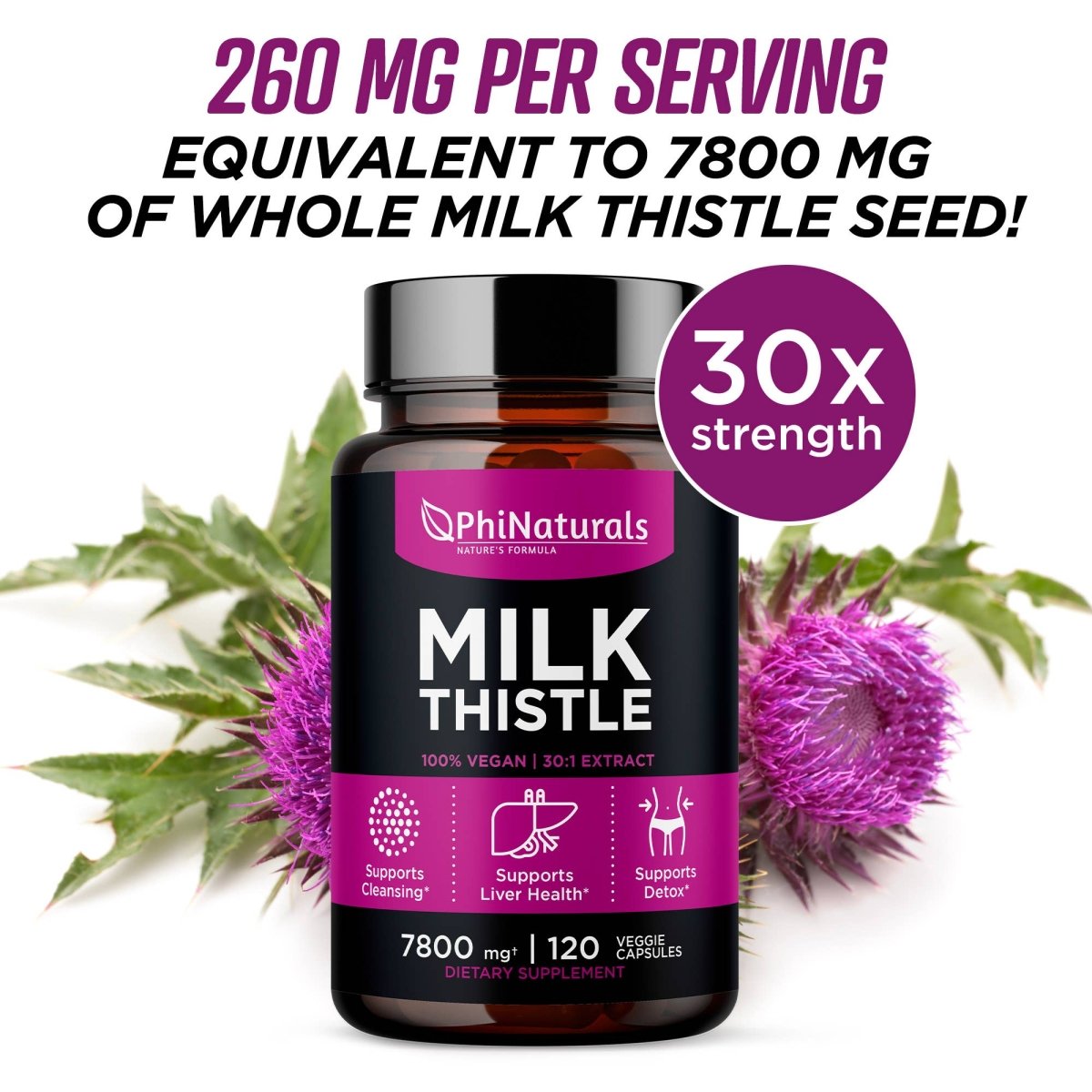 Milk Thistle Extract 30:1 Silymarin, 120 Vegetable Capsules - Spring Street Vitamins