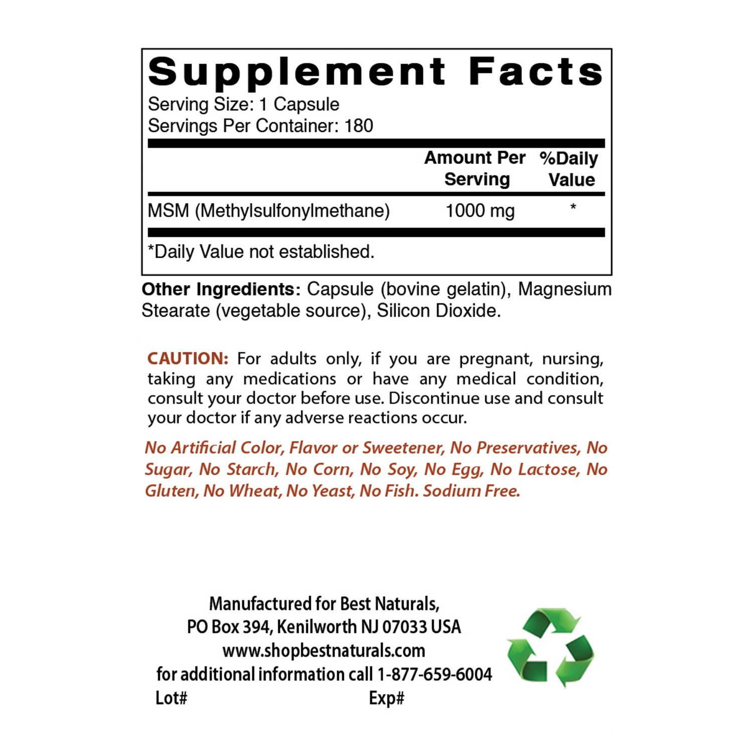 Best Naturals MSM 1000 mg 180 Capsules - Spring Street Vitamins