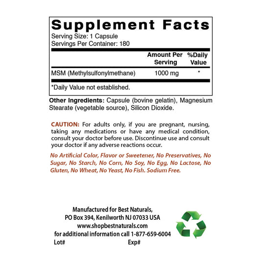 Best Naturals MSM 1000 mg 180 Capsules - Spring Street Vitamins