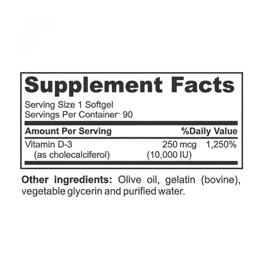 D3 10,000 IU (250mcg), 90 Softgels - Spring Street Vitamins