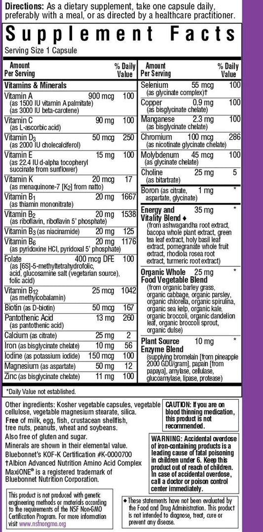 MAXI ONE® WHOLE FOOD-BASED MULTIPLE (With Iron) 90 VEGETABLE CAPSULES - Spring Street Vitamins