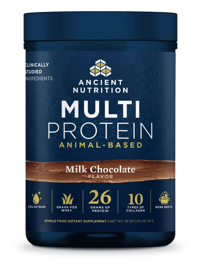 Ancient Nutrition Multi Protein container with blue label on a white background