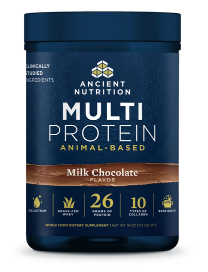Ancient Nutrition Multi Protein container with blue label on a white background