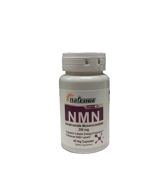 A white plastic bottle of NatEdge NMN dietary supplement capsules, on a white surface.