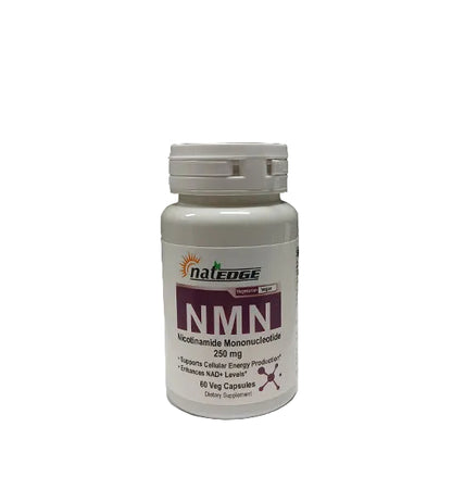 A white plastic bottle of NatEdge NMN dietary supplement capsules, on a white surface.