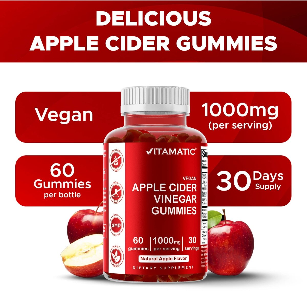 Apple Cider Vinegar Gummies 1000mg, 60 Vegan Gummies - Spring Street Vitamins