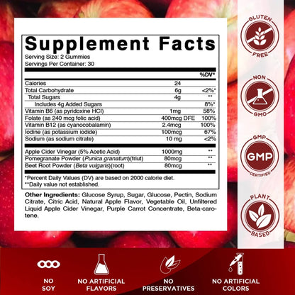 Apple Cider Vinegar Gummies 1000mg, 60 Vegan Gummies - Spring Street Vitamins