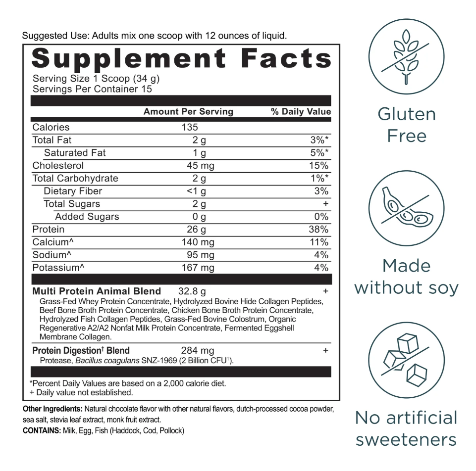 Supplement facts label for Milk Chocolate flavor with nutritional information and product details on a white background