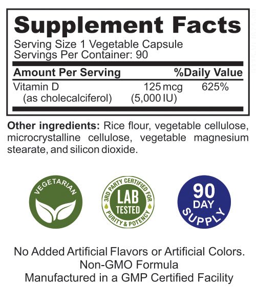 D3 5,000 IU (125mcg), 90 Vegetable Capsules - Spring Street Vitamins