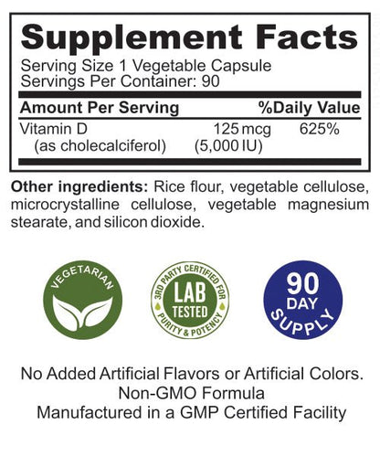 D3 5,000 IU (125mcg), 90 Vegetable Capsules - Spring Street Vitamins