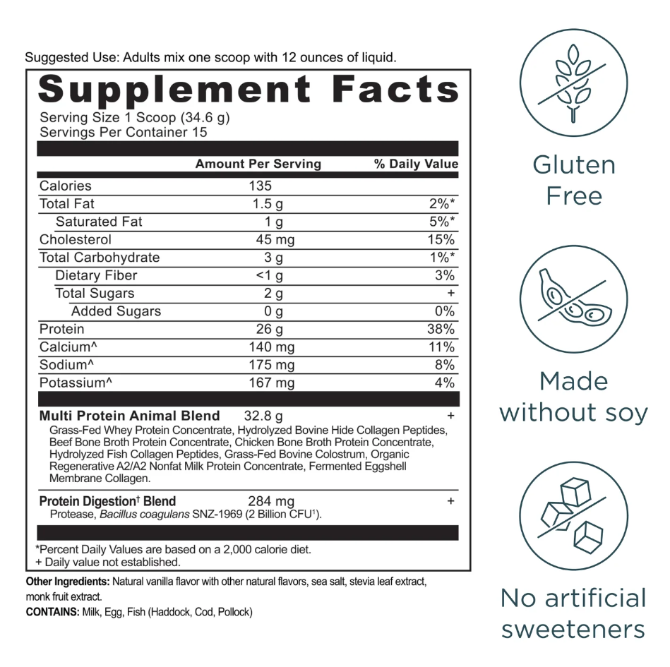 Supplement facts label with nutritional information and icons indicating gluten-free, soy-free, and no artificial sweeteners.