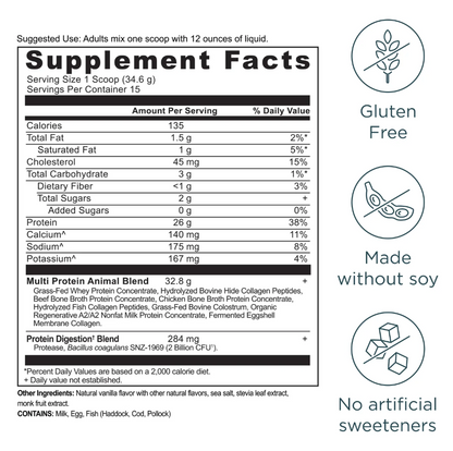 Supplement facts label with nutritional information and icons indicating gluten-free, soy-free, and no artificial sweeteners.