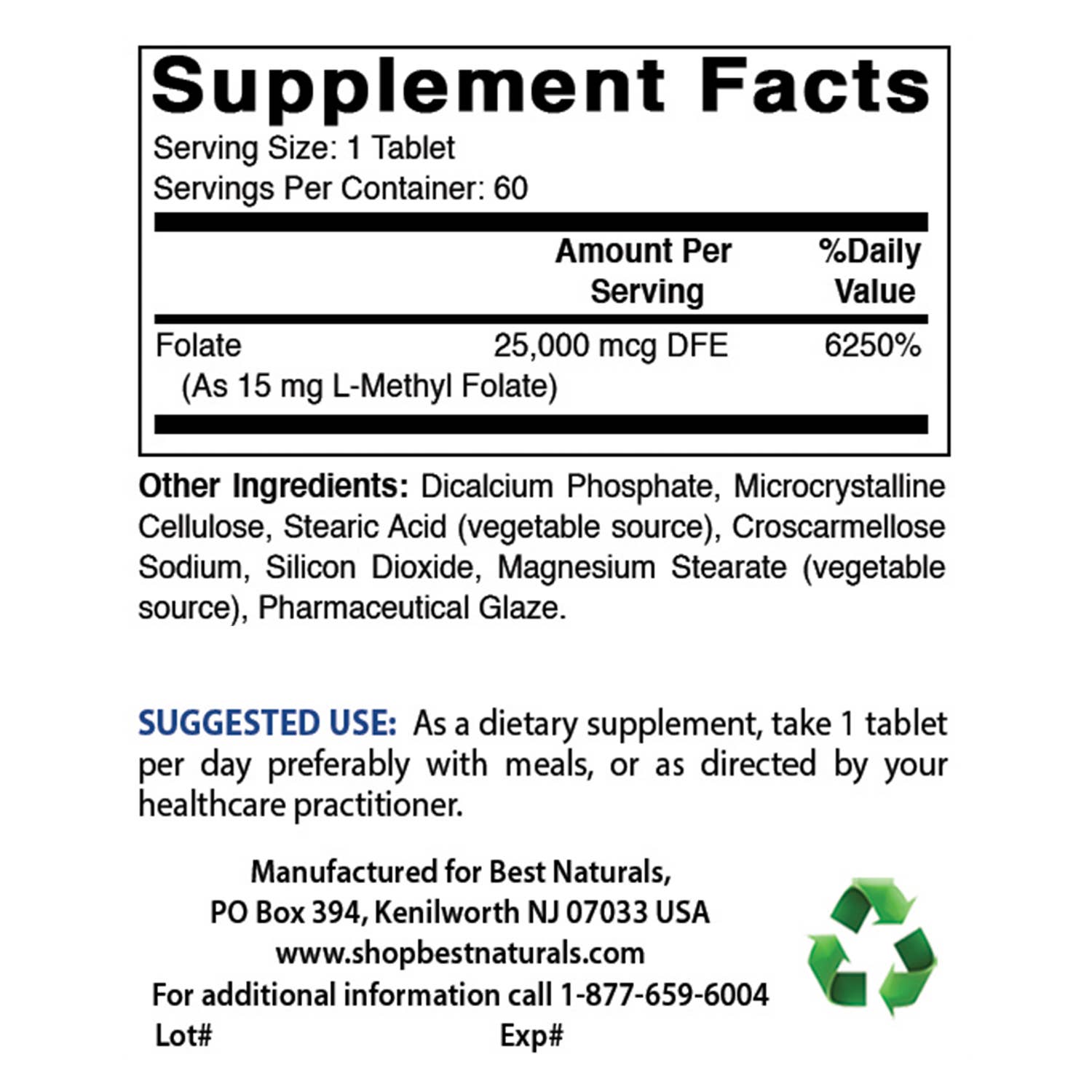 Best Naturals Methyl Folate 15000 mcg 60 Tablets - Spring Street Vitamins