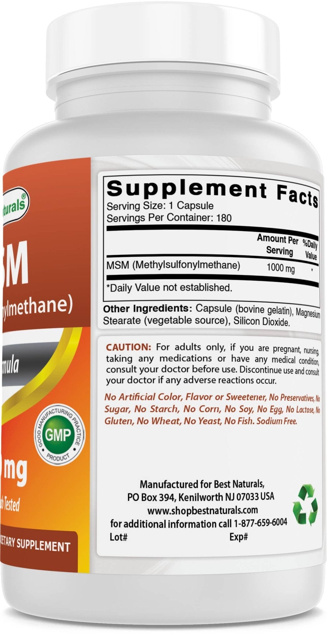 Best Naturals MSM 1000 mg 180 Capsules - Spring Street Vitamins