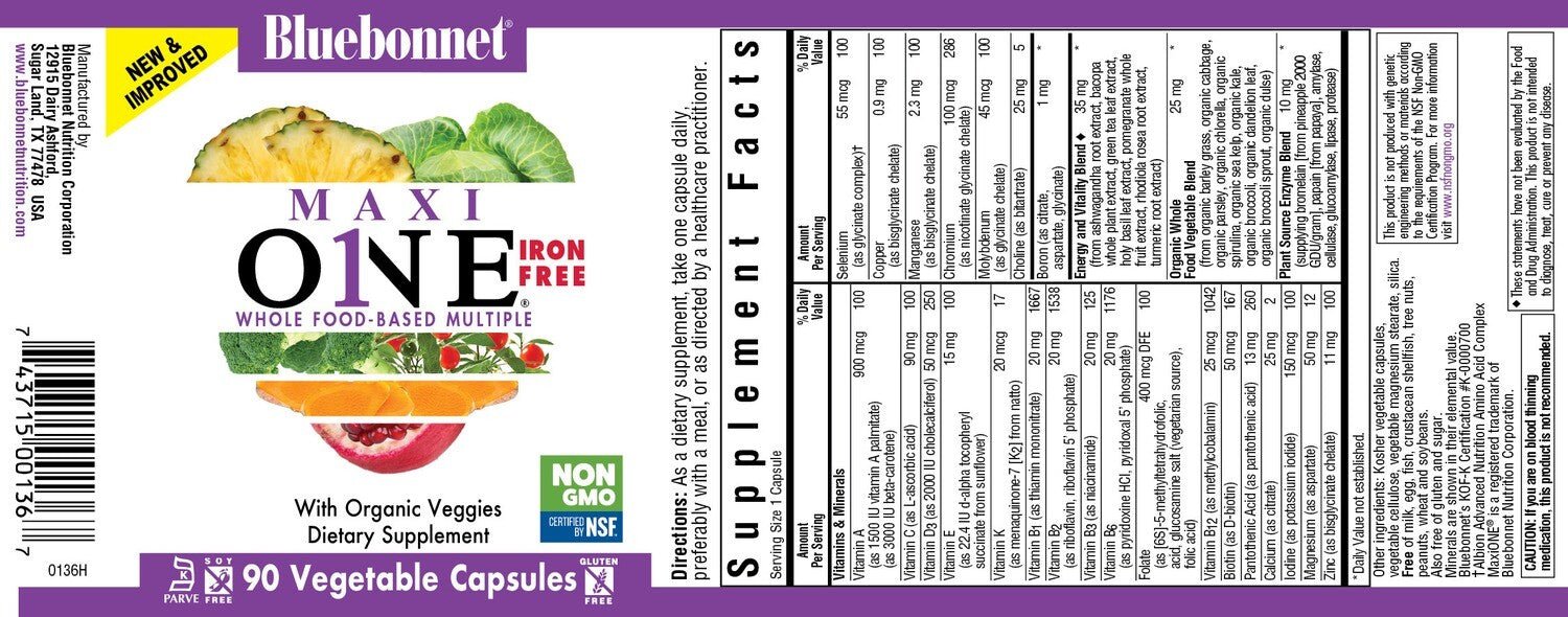 MAXI ONE® WHOLE FOOD-BASED MULTIPLE (Iron-Free) 90 VEGETABLE CAPSULES - Spring Street Vitamins